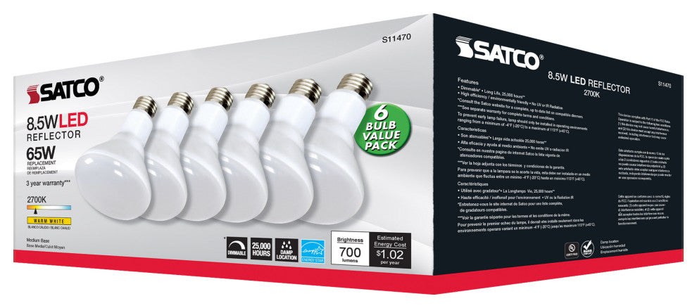 8.5W, BR30 LED, 2700K, 80 CRI, Medium Base, 120Vs, Dimmable, 6-Pack