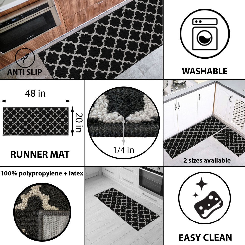 Wool Effect Arabesque, Black/Gray, Kitchen Runner Rug