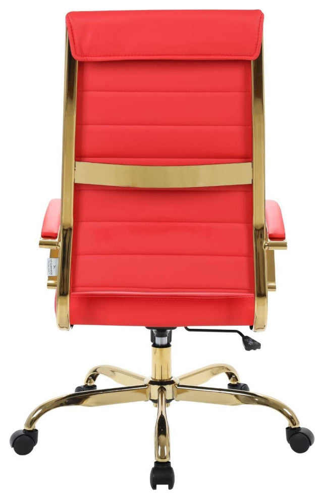 LeisureMod Benmar High-Back Leather Office Chair With Gold Frame Red