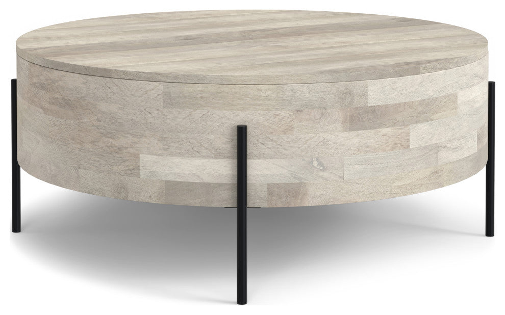 Rayburn Solid Mango Wood Drum Coffee Table, White Wash