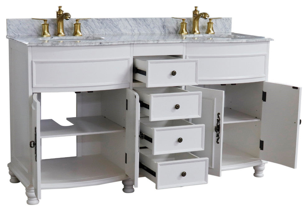 62" Double Sink Vanity Antique White Finish, White Marble Top