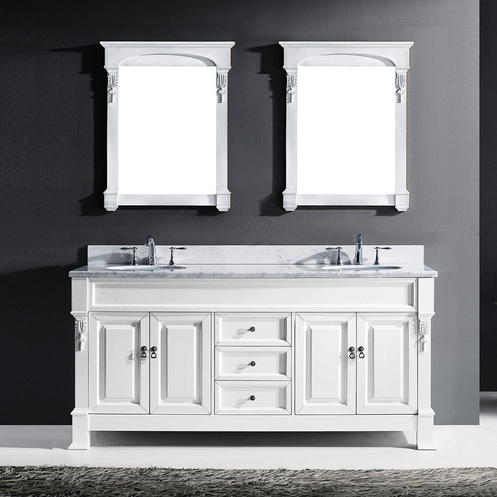 Virtu Huntshire 72" Double Bathroom Vanity, White With Marble Top, Mirrors