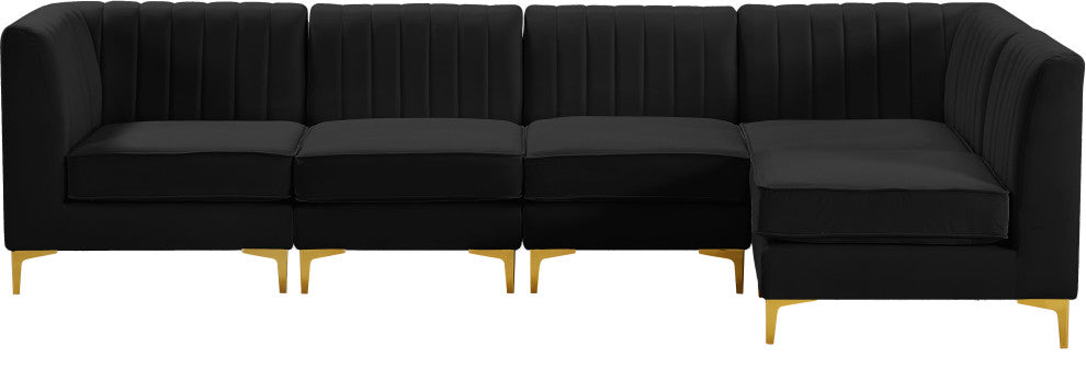 Alina Velvet Modular L-Shaped Modular Sectional, Black, 5-Piece: 3 Armless Chair, 2 Corner Chair