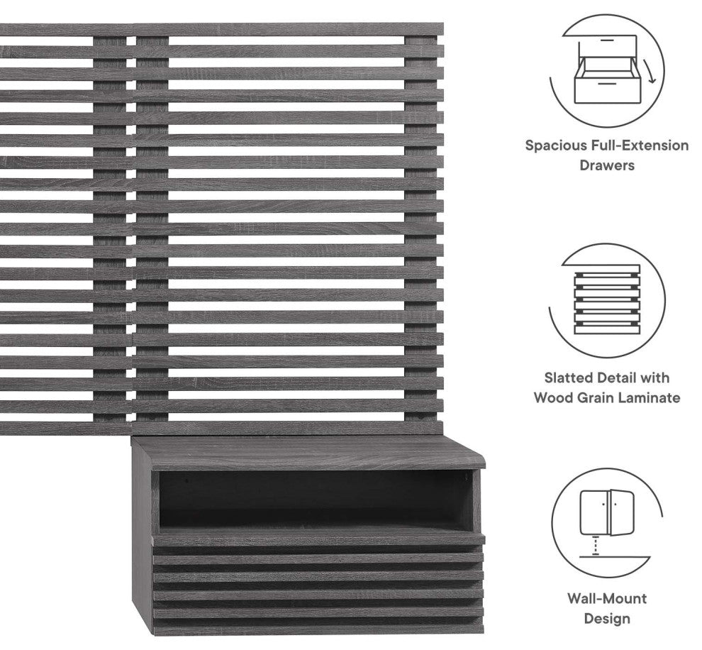 Render Wall Mount Twin Headboard and Modern Nightstands, Charcoal