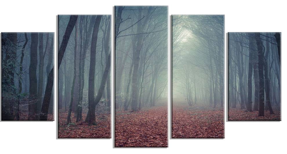 "Retro Style Misty Path in Forest" Landscape Photo Wall Art, 5 Panels, 60"x32"