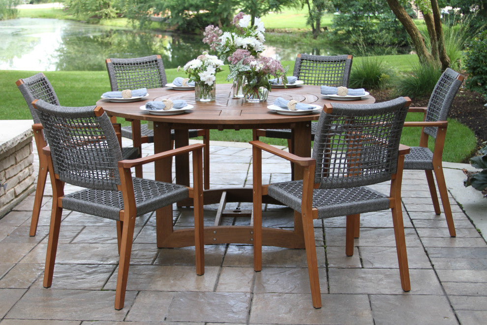 7-Piece Eucalyptus Lazy Susan Dining Set With 6 Stacking Rope Armchairs