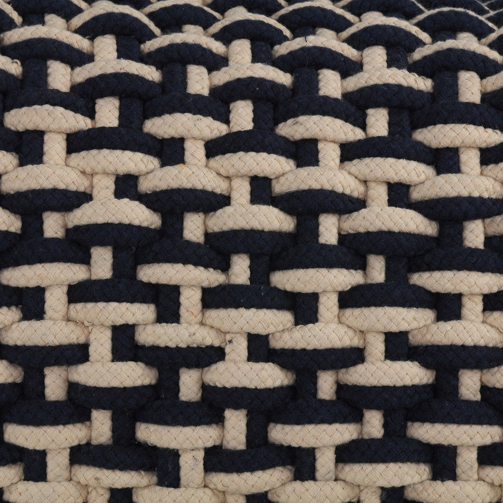 Cortesi Home Griffin Rope Pouf Ottoman, Navy and Cream