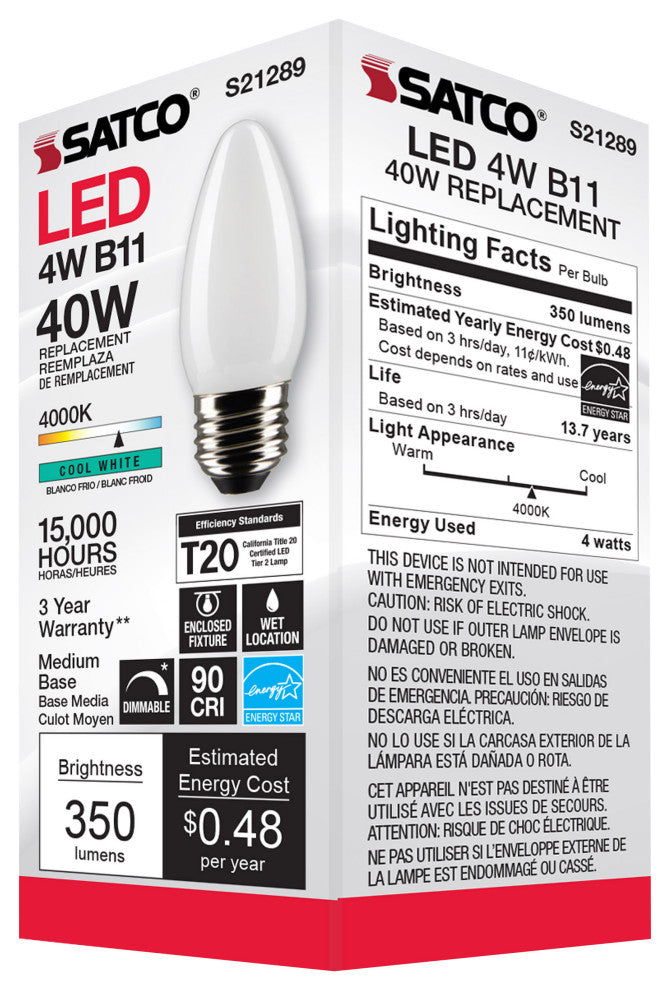 4W B11 LED, Frost, Medium Base, 90 CRI, 4000K, 120V