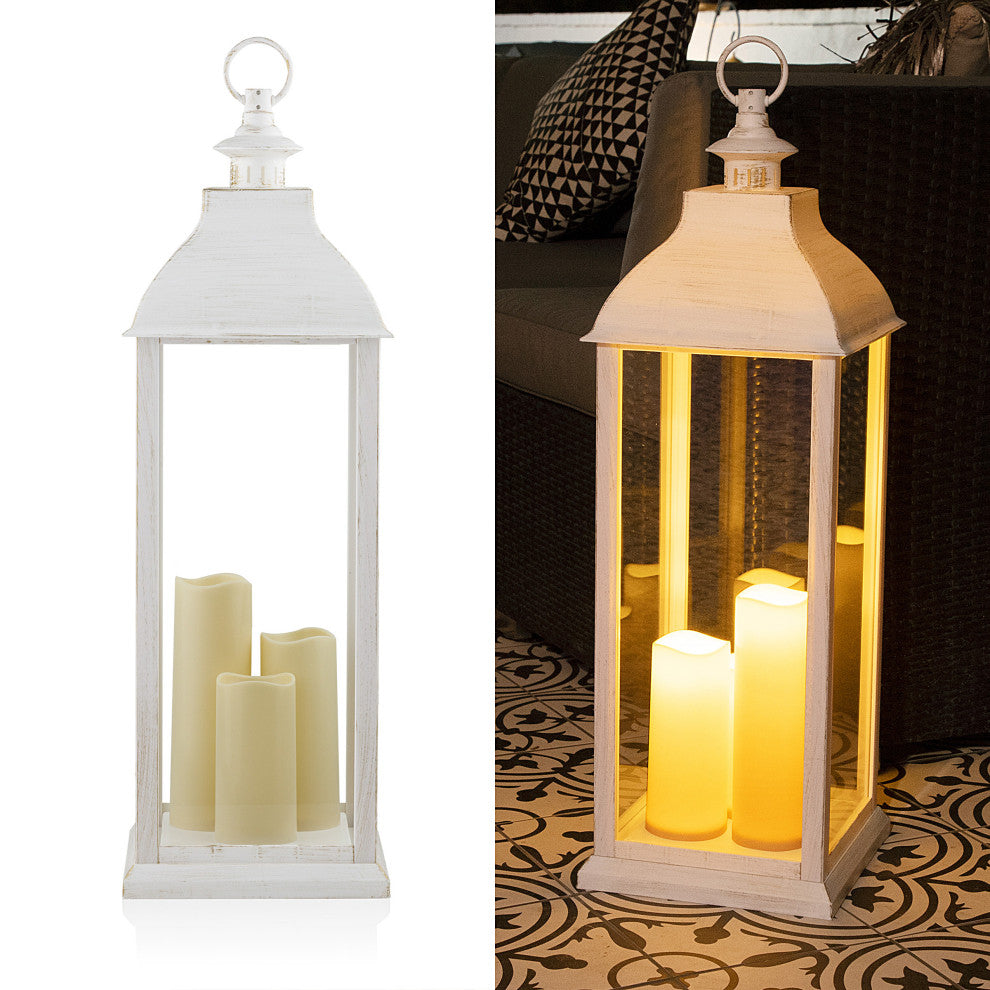 White Candlelit Lantern with Warm White LED Lights