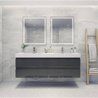 72" Double Sink Wall Mount Vanity, Reinforced Acrylic Sink, High Gloss Gray