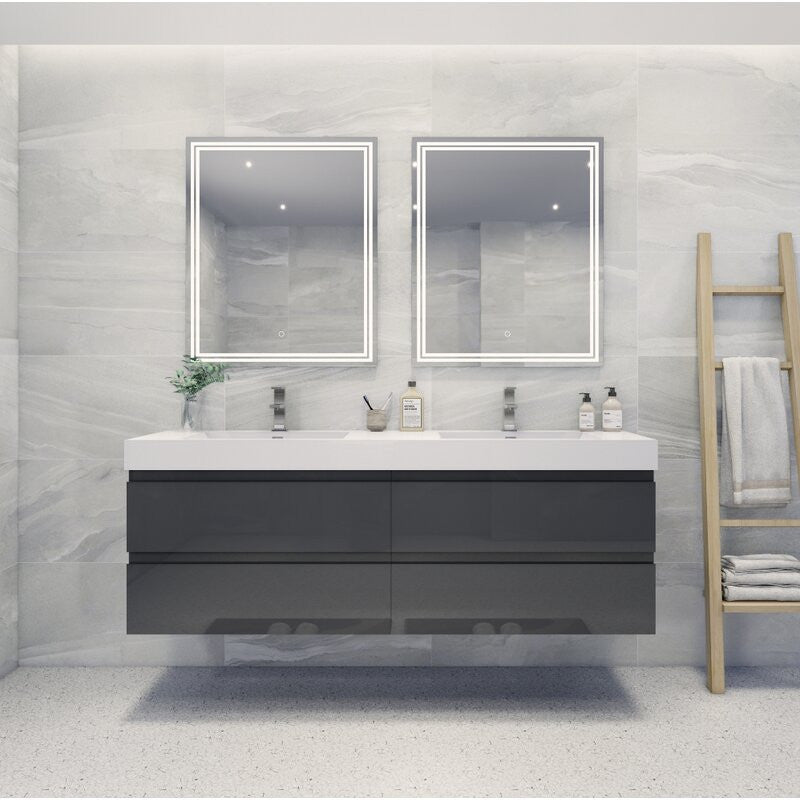 72" Double Sink Wall Mount Vanity, Reinforced Acrylic Sink, High Gloss Gray