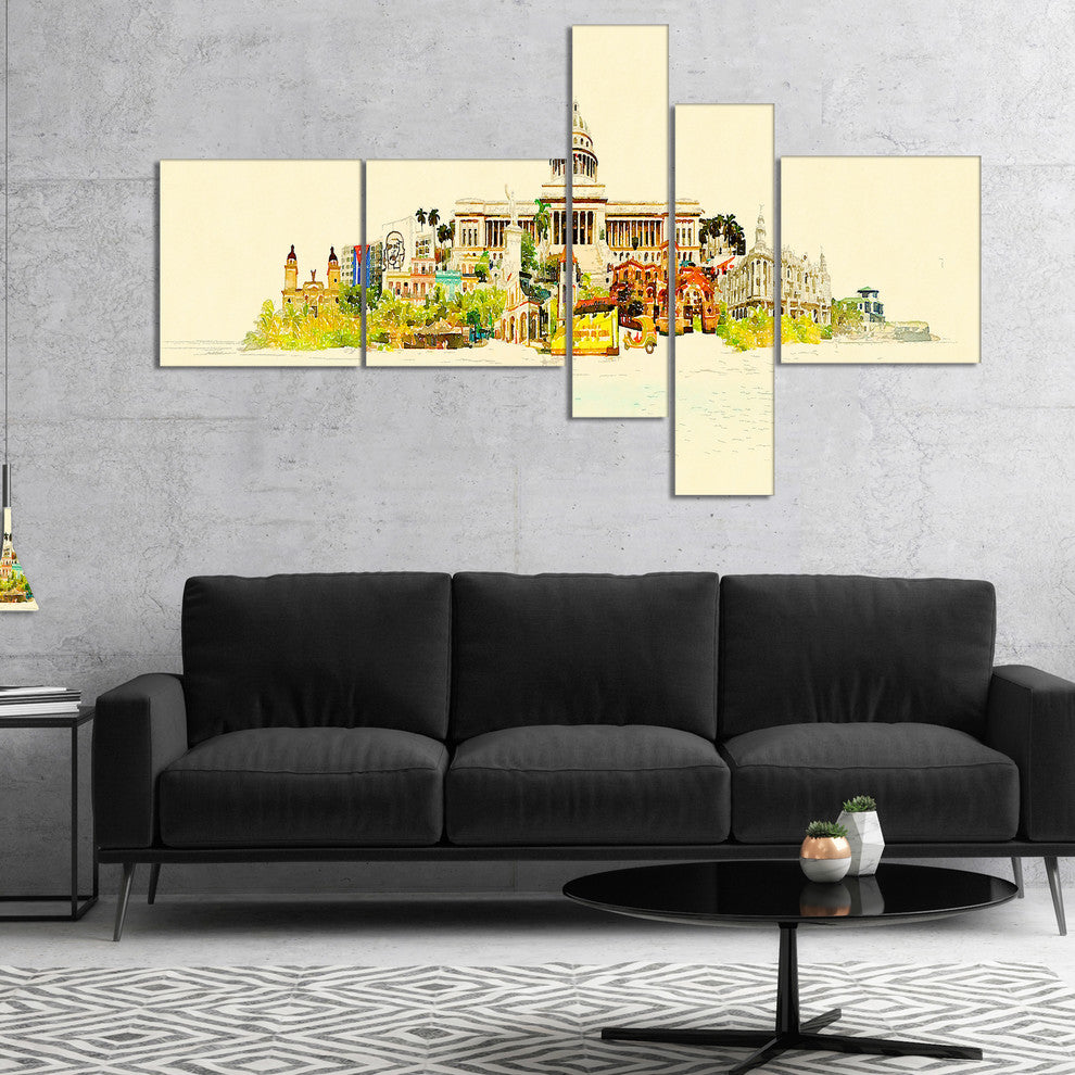 Havana Panoramic View, Cityscape Watercolor Canvas Print, 60"x32", 5 panels