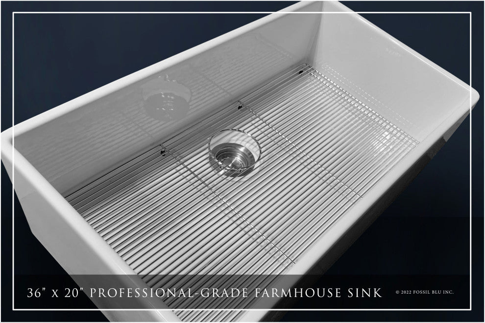 Luxury 36-Inch SOLID Fireclay Farmhouse Sink in White with Accs, Flat Front