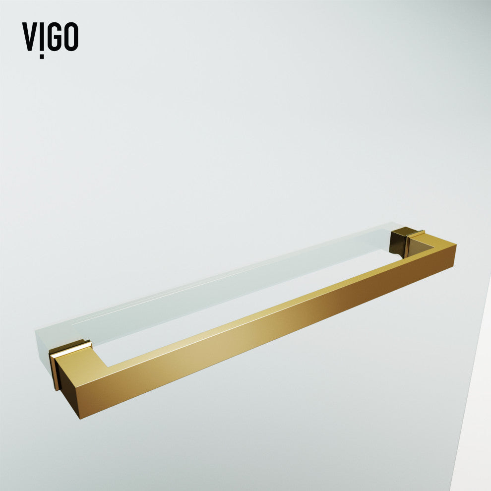 VIGO Rialto 34" W x 58" H Frameless Hinged Tub Door, Matte Brushed Gold, Clear Glass