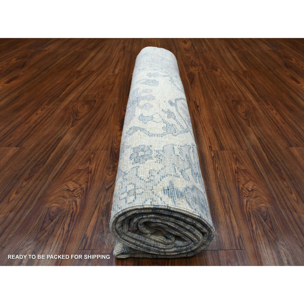 Afghan Angora Oushak Ivory-Blue Organic Wool Hand Knotted Rug, 7'10" x 10'0"