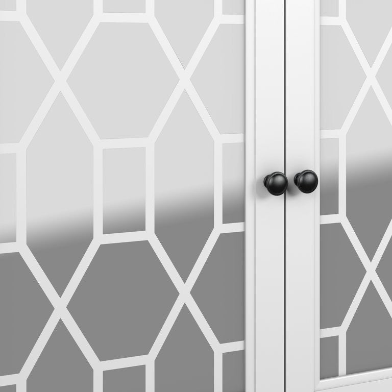 Contemporary Sideboard, Glamorous Mirrored Doors With Geometric Accents, White