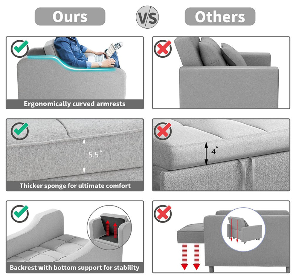 Homrest Sleeper Sofa Bed 3-in-1 Convertible Chair, Light Gray