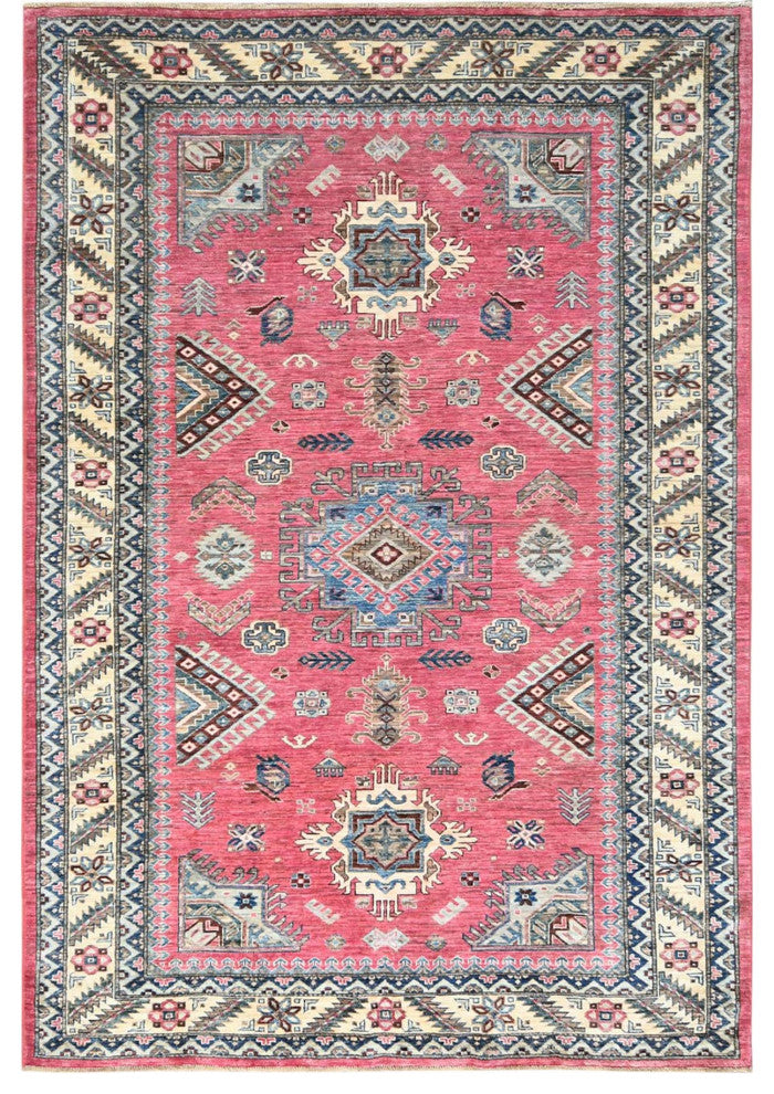 Taffy Pink, Natural Wool Hand Knotted, Afghan Super Kazak Rug, 6'0"x8'9"