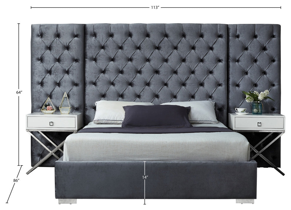 Grande Velvet Bed, Gray, Queen