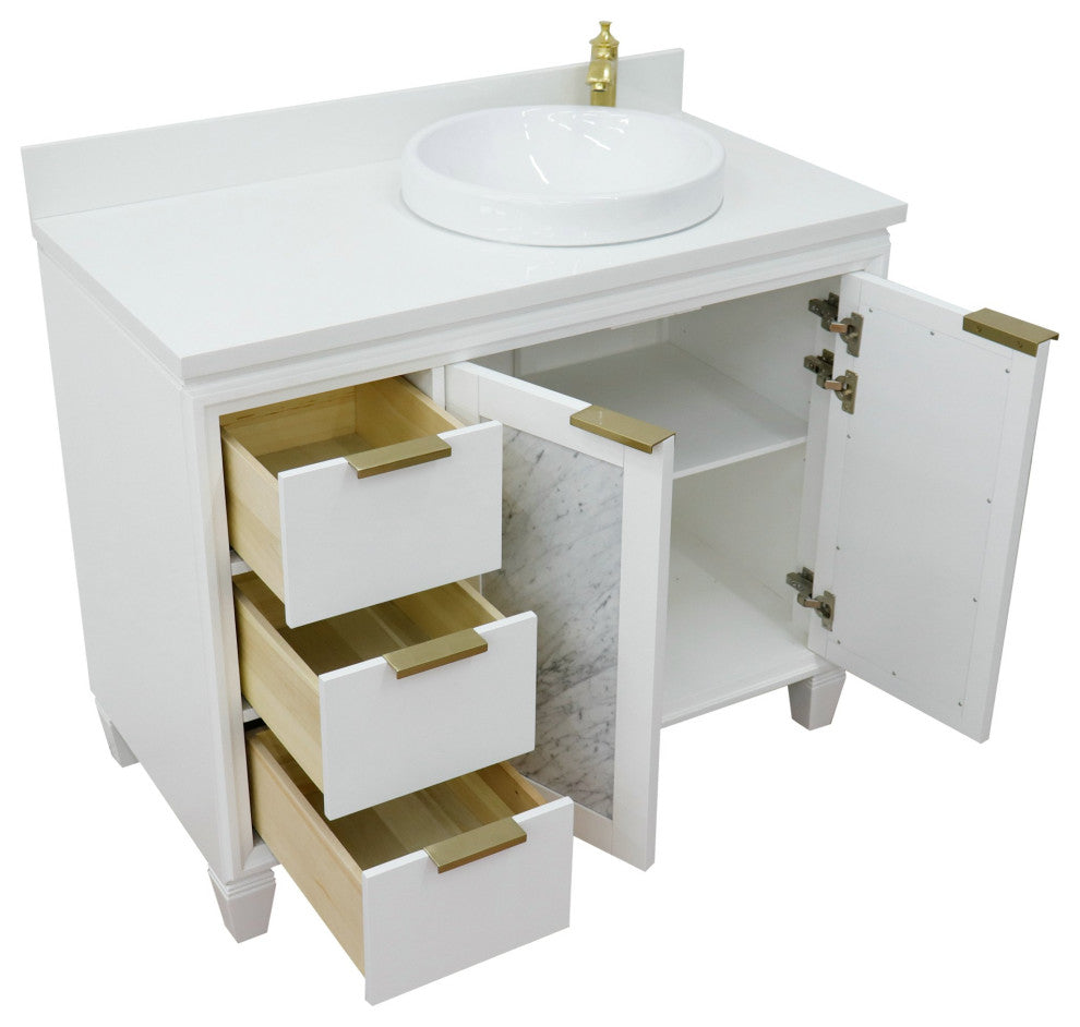 43" Single Vanity, White Finish With White Engineered Stone Top