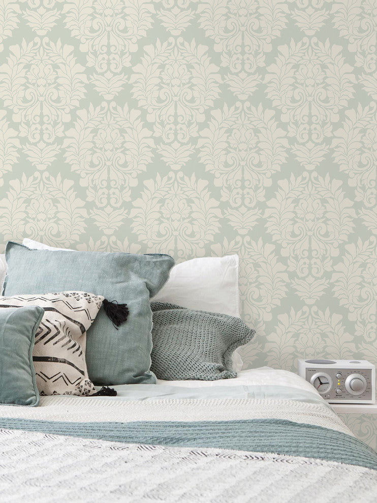 Classic Damask Peel and Stick Vinyl Wallpaper, Sage Green, 24"w X 108"h