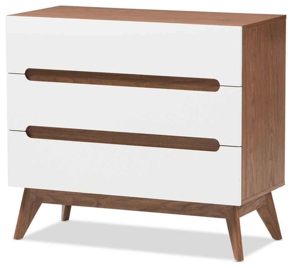 Calypso Mid-Century Modern White and Walnut Wood 3-Drawer Storage Chest
