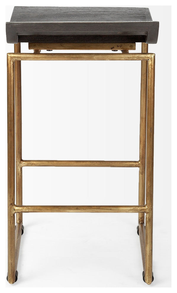 Givens Dark Brown Solid Wood Seat with Gold Metal Frame Counter Stool