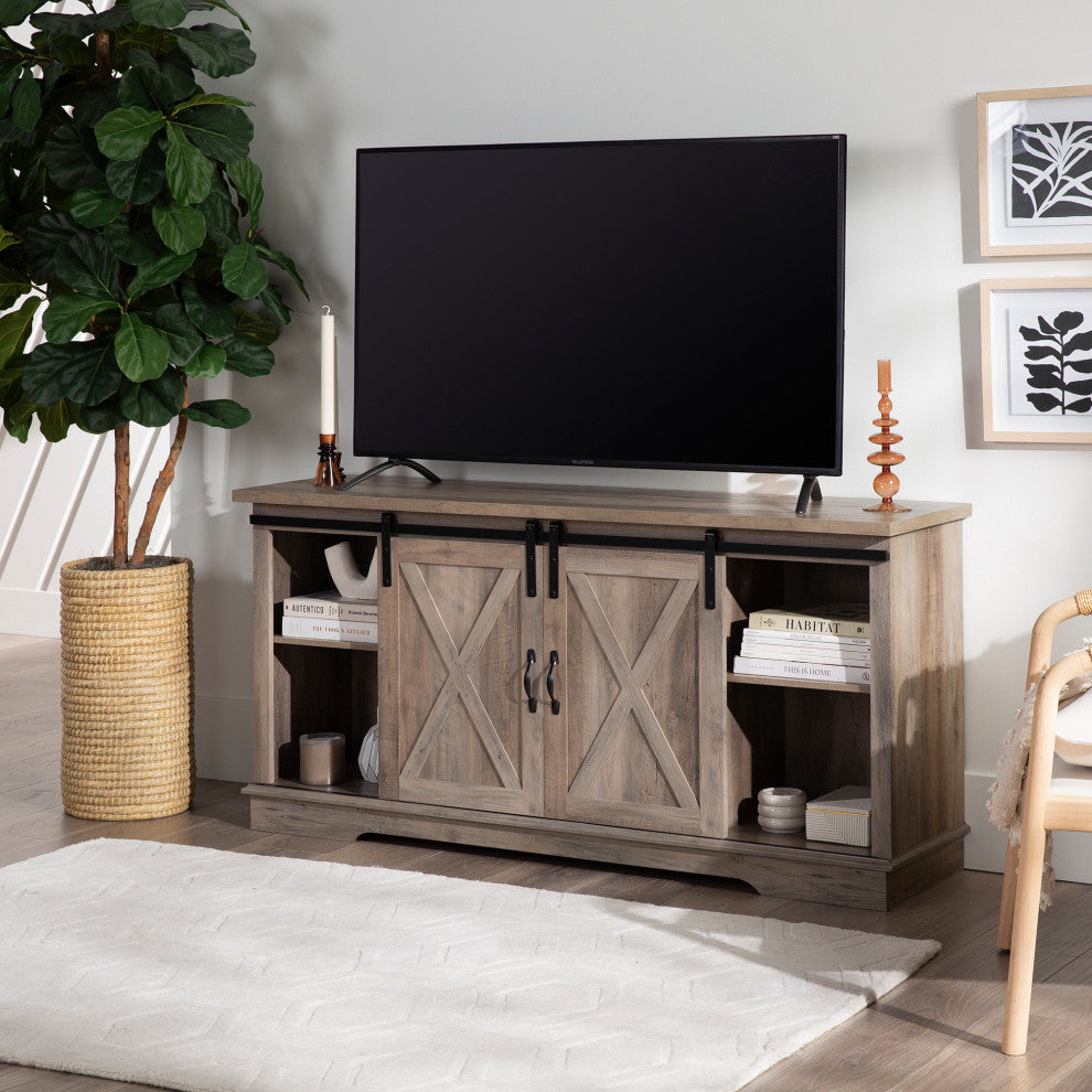 58" Farmhouse Sliding Barn Door TV Stand Media Console, Gray Wash