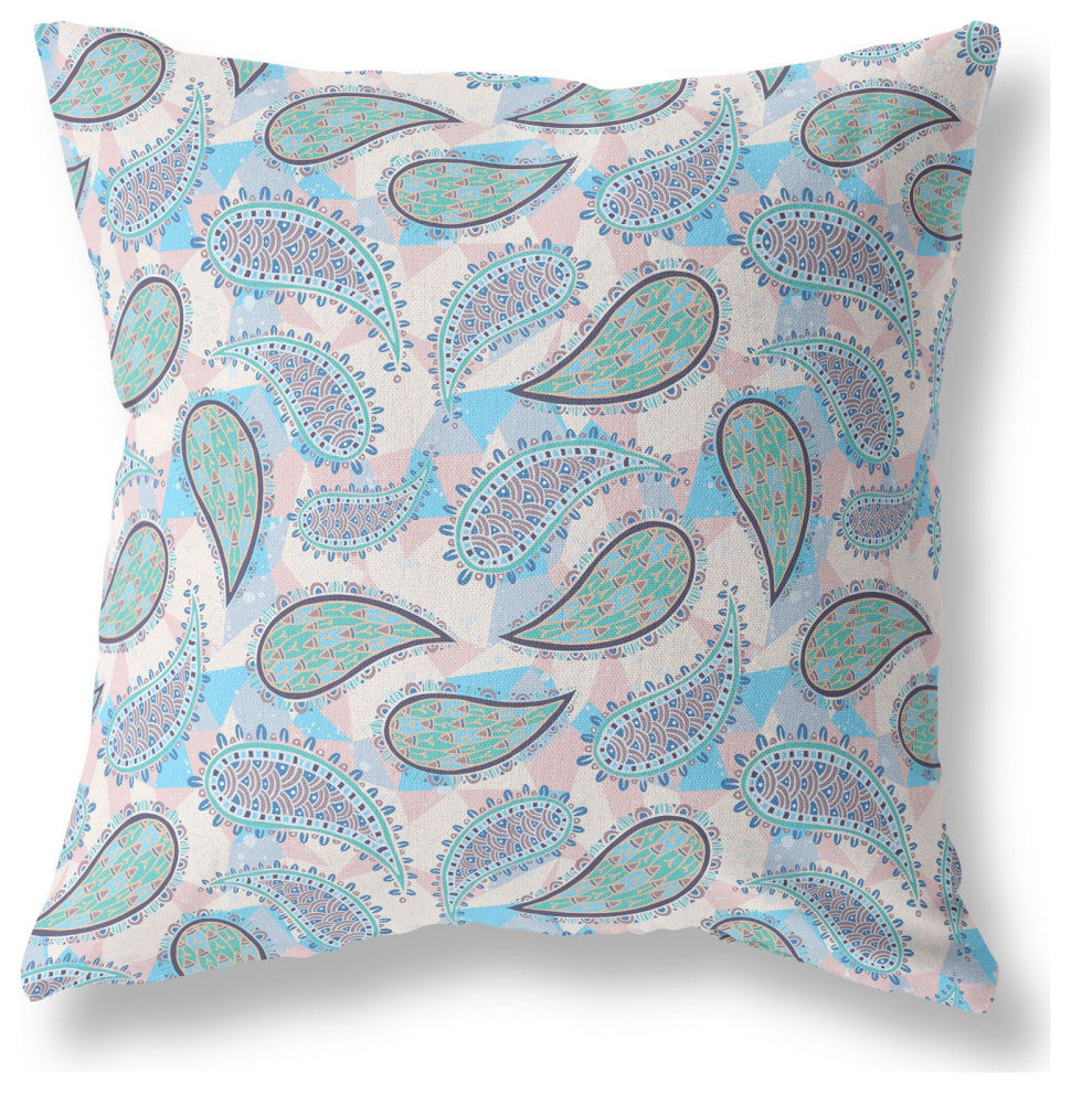 16" Blue Green Boho Paisley Indoor Outdoor Throw Pillow