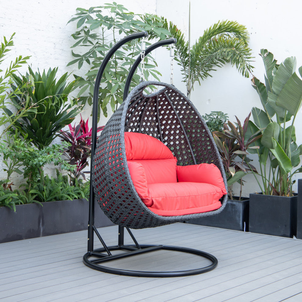 LeisureMod Mendoza Charcoal Wicker Hanging Double Egg Swing Chair, Red