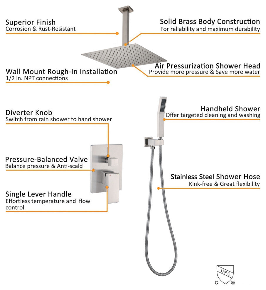 Ceiling Mounted Shower System Set With 10" Rain Shower Head, Brushed Nickel
