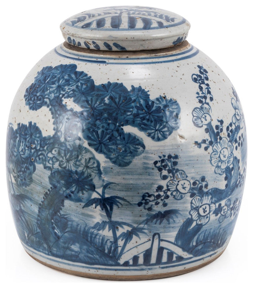 Blue & White Vintage Ming Jar Pine Motif, Large