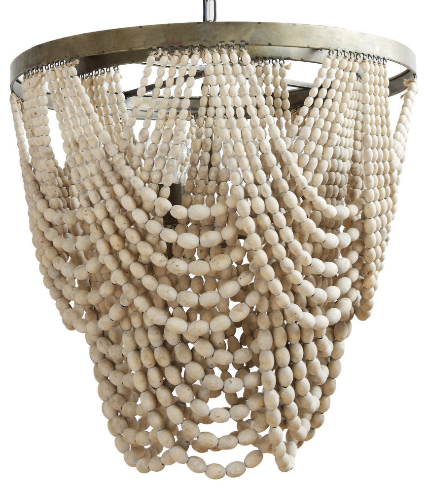 Rustic Chandelier, Metal Frame With Decorative Wooden Beads & 3 Lights, Wood