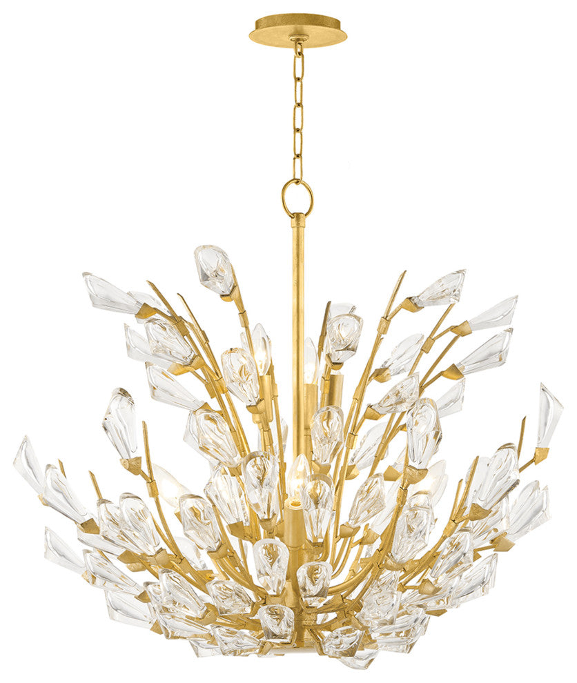 Tulip 9 Light Chandelier, Clear K9 Crystal, Gold Leaf