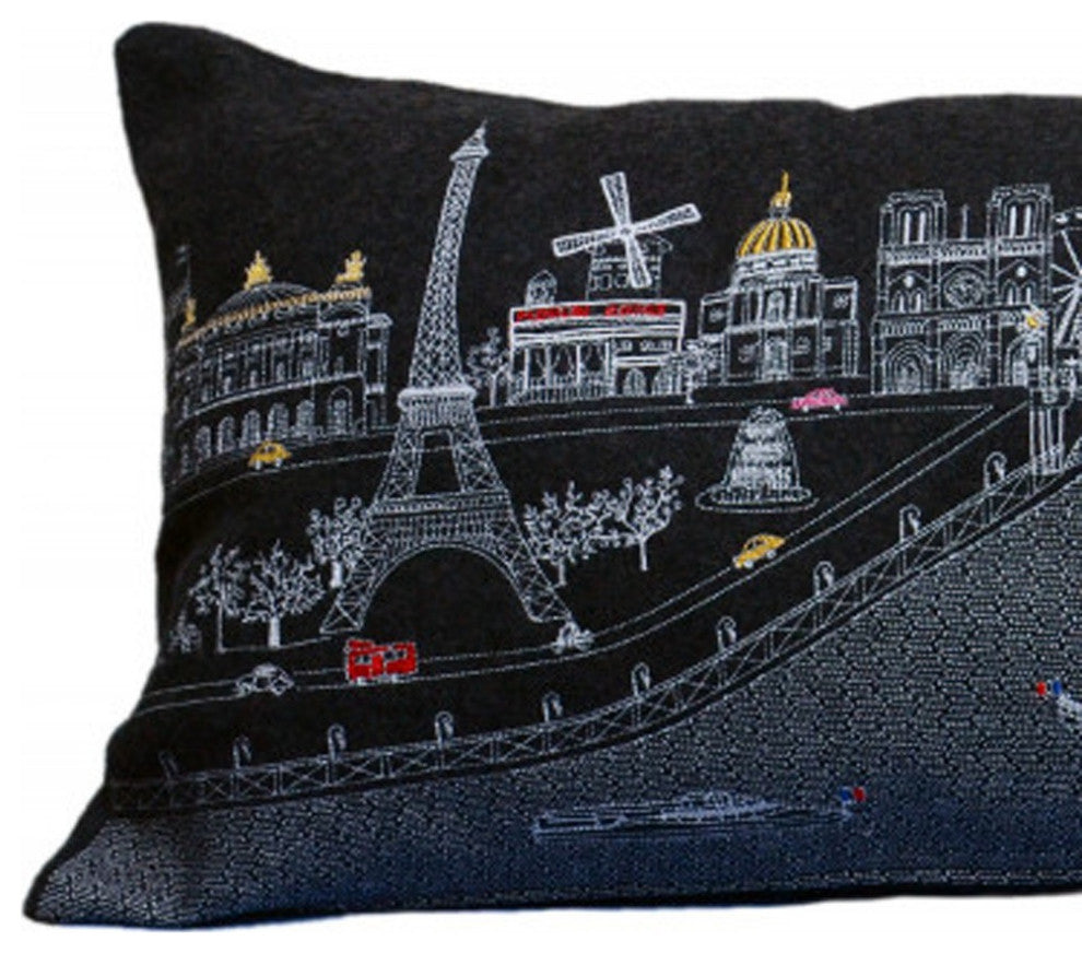 35" Black Paris Nighttime Skyline Standard Lumbar Decorative Pillow