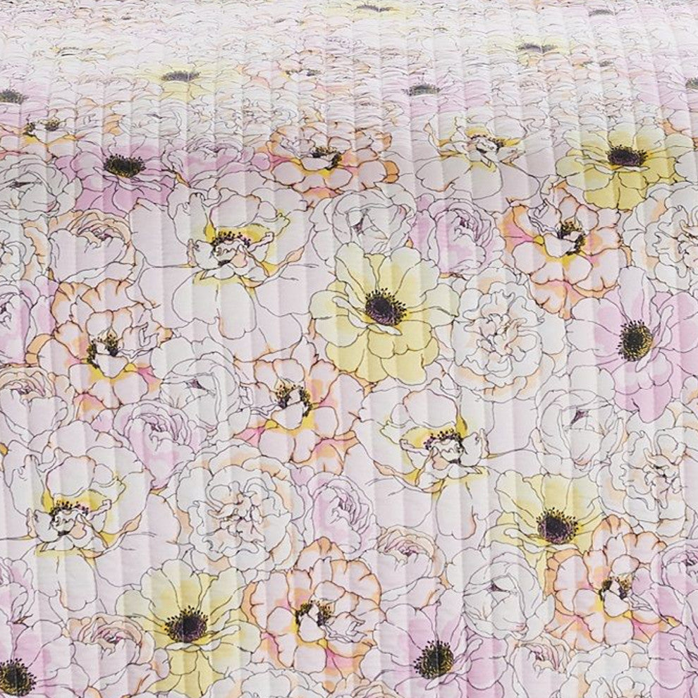 Benzara BM231048 3 Piece Blooming Flower Pattern Queen Quilt Set, White and Pink