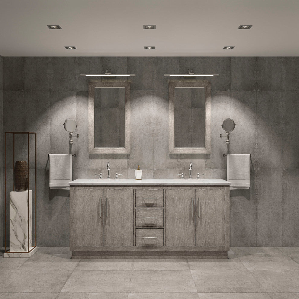 Hugo 72 Double Sink White Marble Vanity, Gray Oak With Hook Faucets and Mirrors
