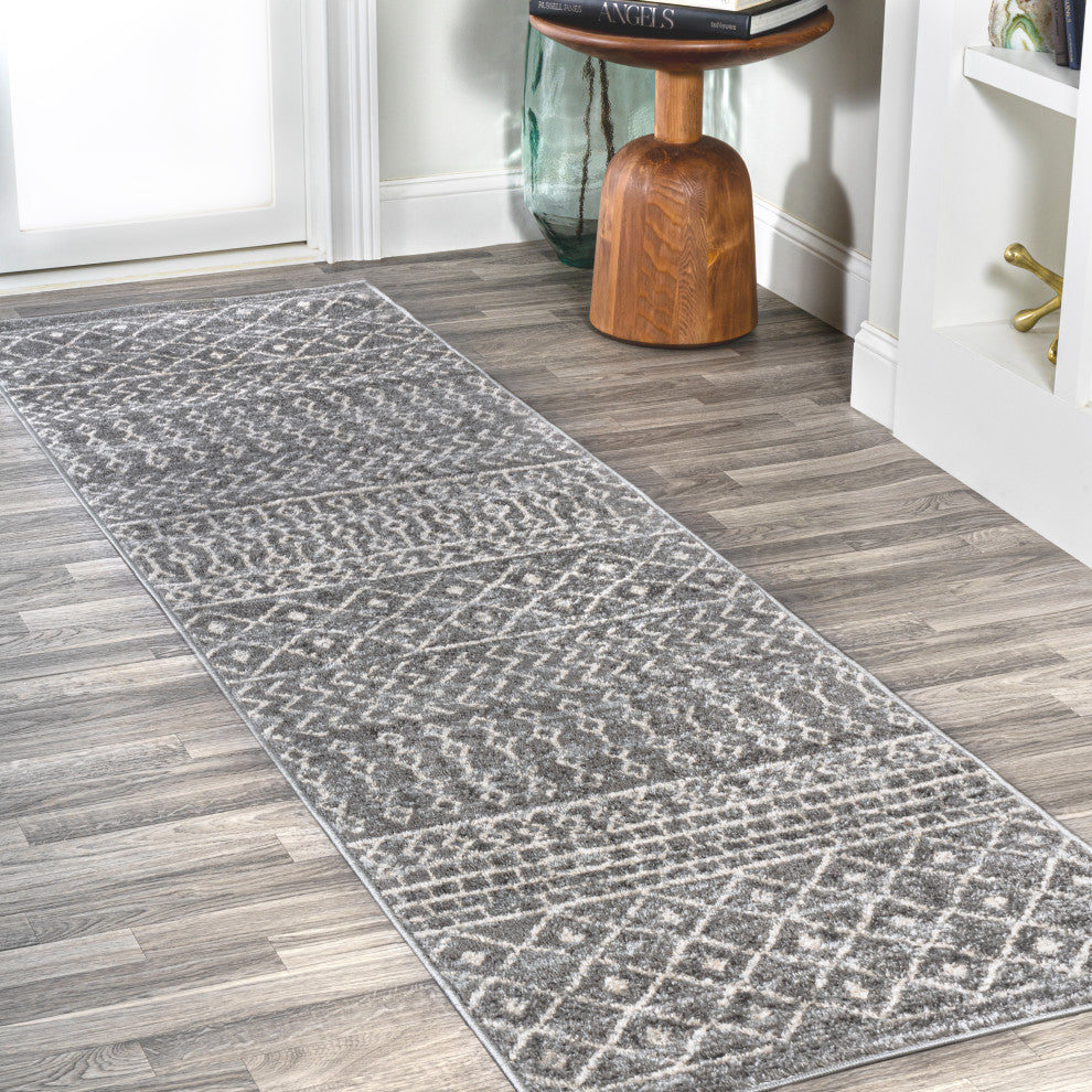 Arta Moroccan Vintage Geometric Area Rug, Gray/Cream, 2 X 8
