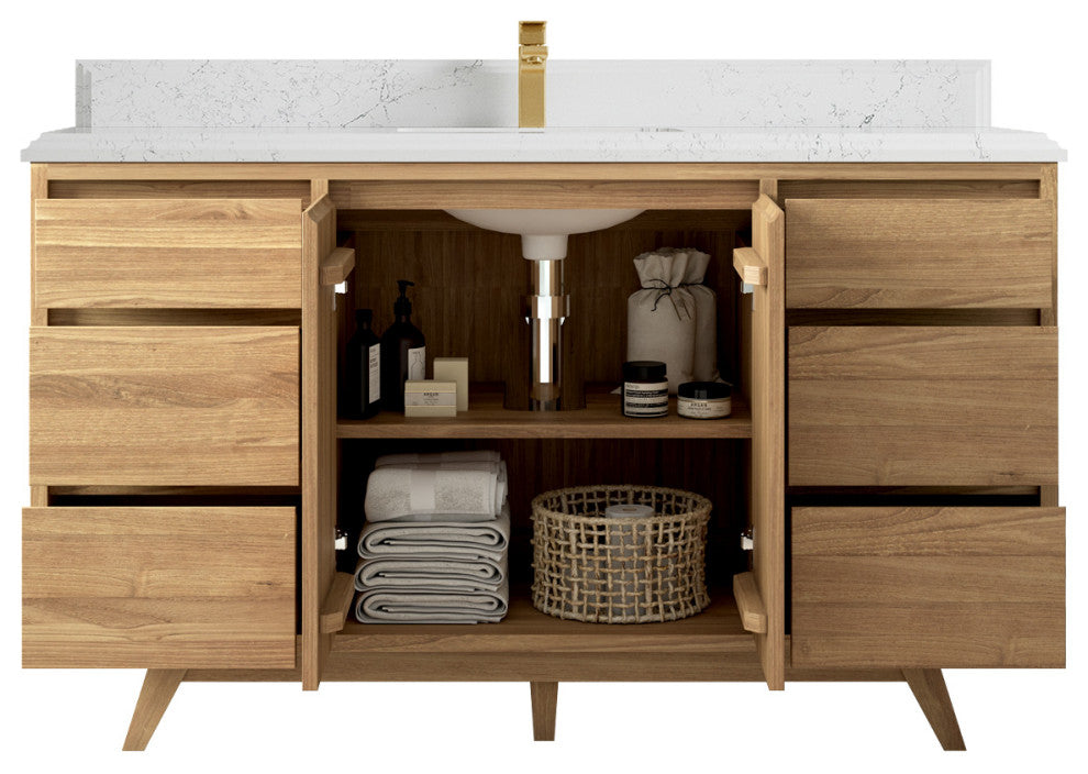Madison Teak 60 Single Bathroom Vanity in Light Natural 1.5" Empira Quartz