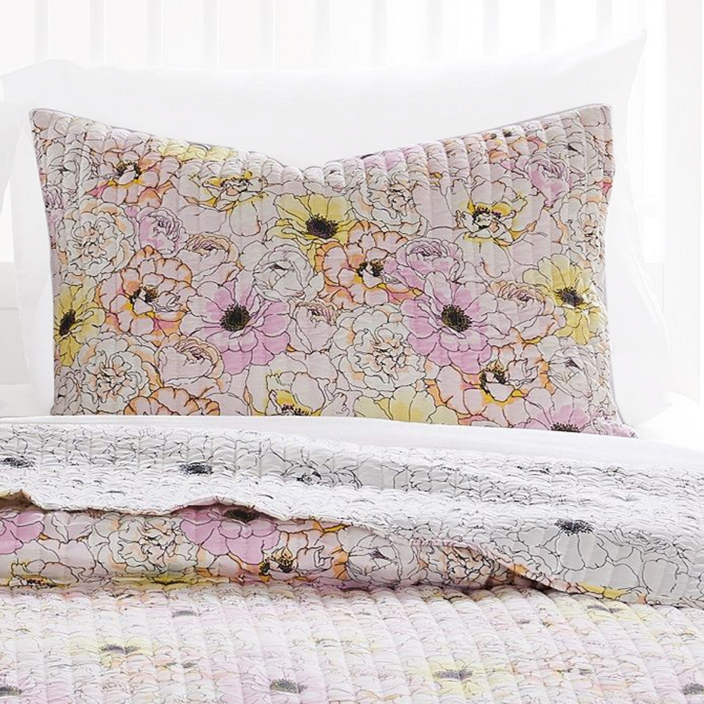 Benzara BM231048 3 Piece Blooming Flower Pattern Queen Quilt Set, White and Pink