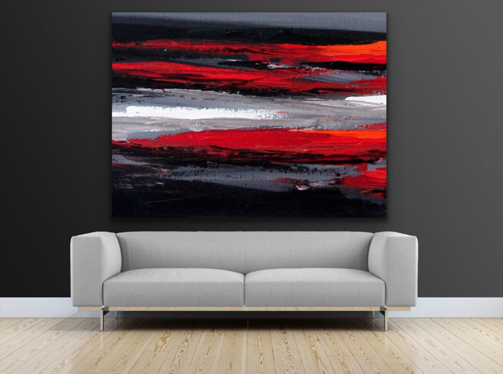 "Track" 60x48 IN Black and White Red Gray Abstract Art Large Modern Painting