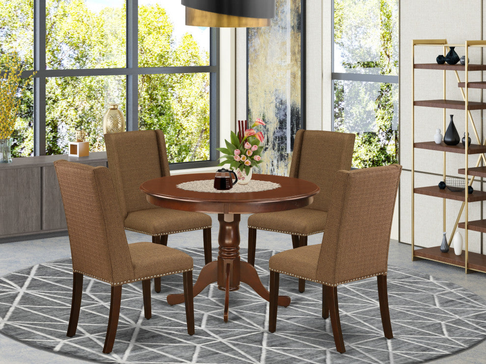 5-Piece Dining Set, 4 Chairs and Round Table, High Back and Mahogany