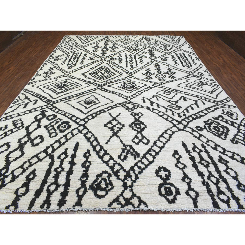 Ivory, Hand Knotted Boujaad Moroccan Berber Soft Organic Wool Rug, 9'10"x13'8"