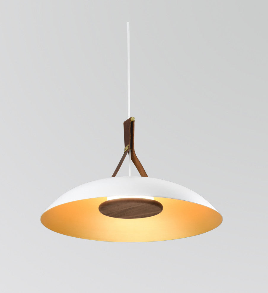 Volo LED Pendant, Cava - White Shade/Brushed Brass/Brown Leather/Walnut, 4000K