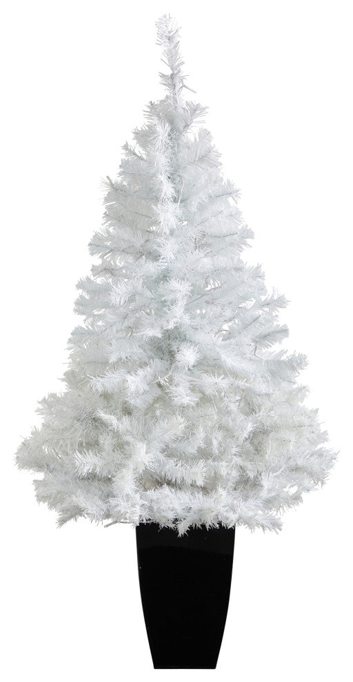 50" White Faux Christmas Tree With 100 Clear LED Lights, Black Metal Planter
