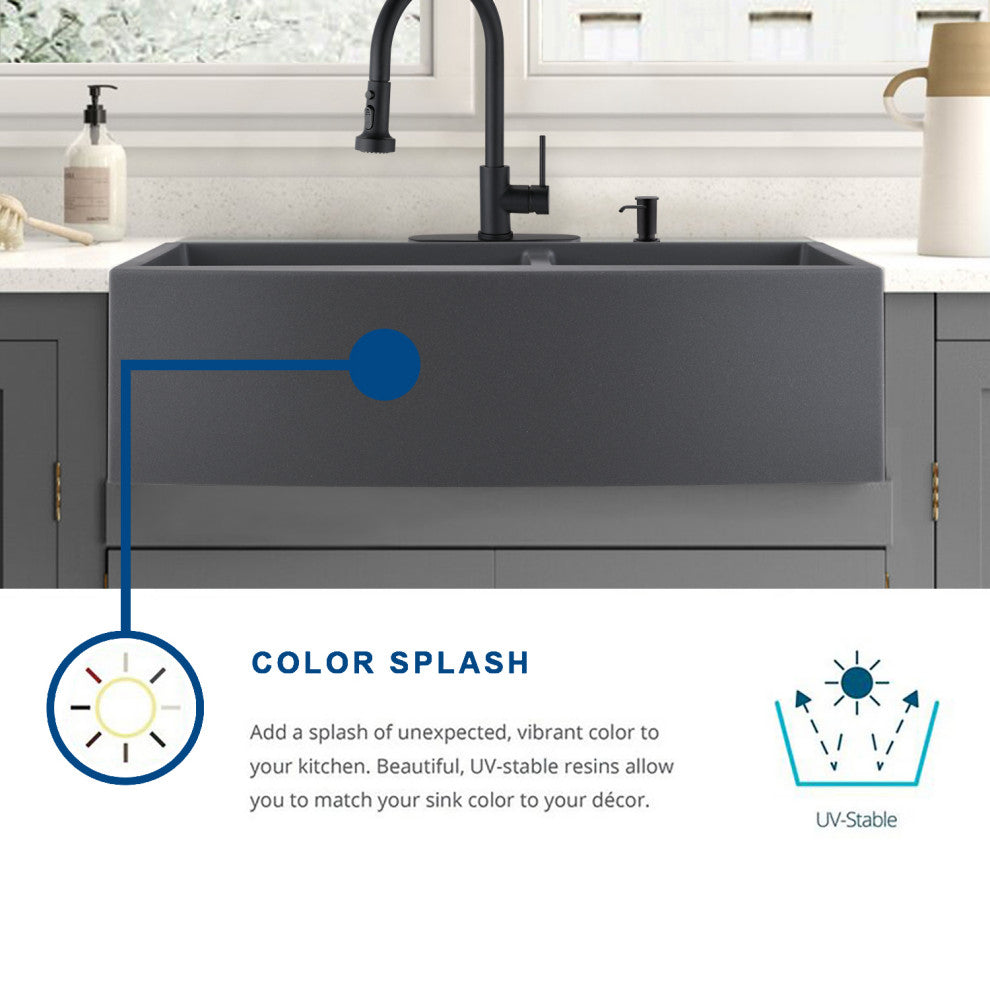 33" x 22" Gray Quartz Double Bowl Farmhouse Apron Kitchen Sink