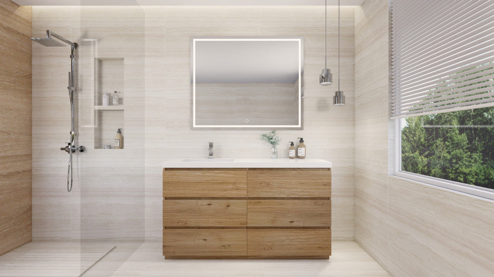 Alston 60" Free Standing Modern Vanity, Nature Oak, Glossy White Top