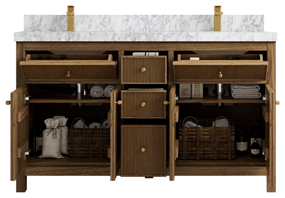 Sonoma Teak 60 Double Bathroom Vanity in Dark Natural with 2" Carrara Marble
