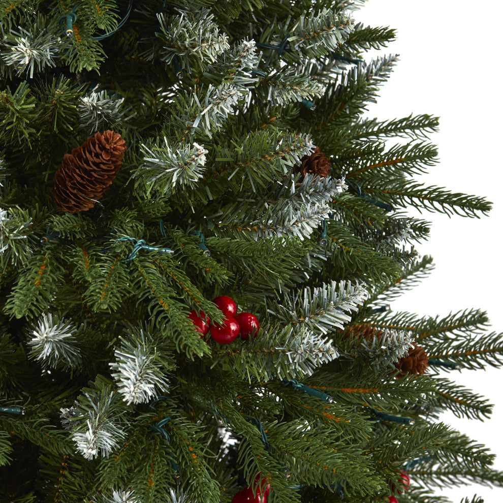 6' Snow Tipped Portland Spruce Faux Xmas Tree W/ Berries & Pinecones W/Lights