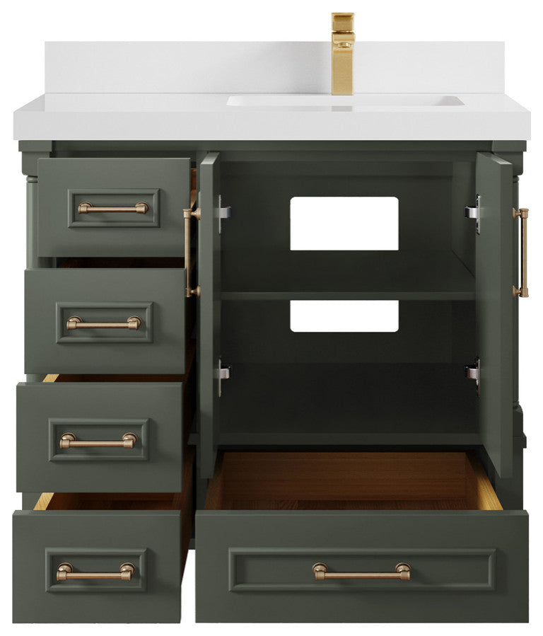 Aberdeen 36 Right Offset Bath Vanity in Pewter Green 2" White Quartz